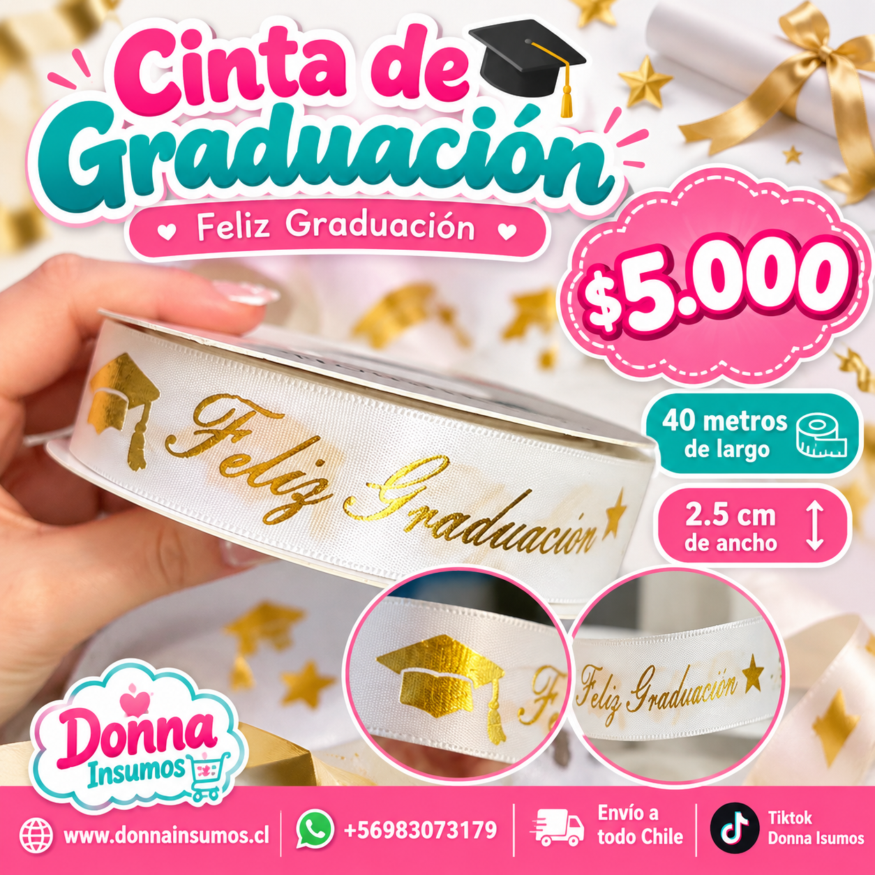 2026/10/1000967484.png Cinta de graduación 2.5cm
40 metros blanco - Imagen 1